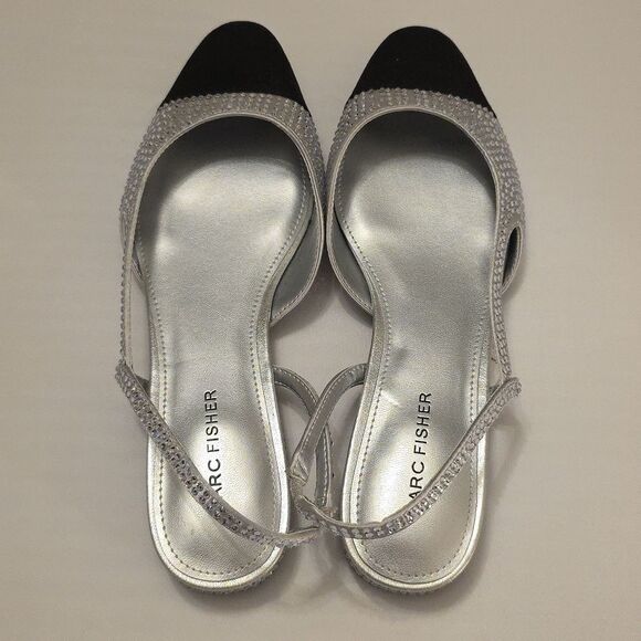 BRAND NEW MARC FISHER RHINESTONE  EMBELLISHMENT BLACK & SILVER SLINGBACK FLATS - Picture 5 of 16